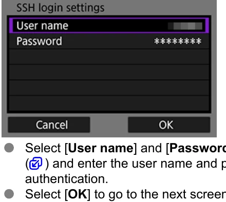 Canon EOS-1D X Mark III SSH login settings screen with user name and password fields