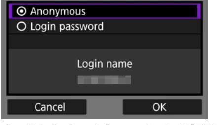 Canon EOS-1D X Mark III FTP login method screen with Anonymous and Login password choices