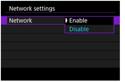Canon EOS-1D X Mark III Network settings screen with Network set to Enable