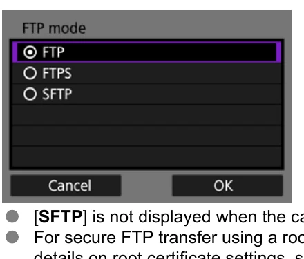 Canon EOS-1D X Mark III FTP mode menu with FTP FTPS and SFTP choices