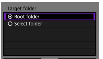 Canon EOS-1D X Mark III FTP target folder screen with Root folder and Select folder choices
