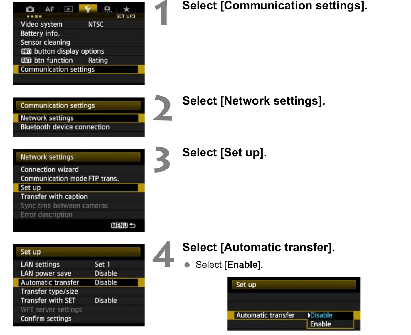 Canon WFT-E7 Communication settings menu sequence ending with Automatic transfer set to Enable