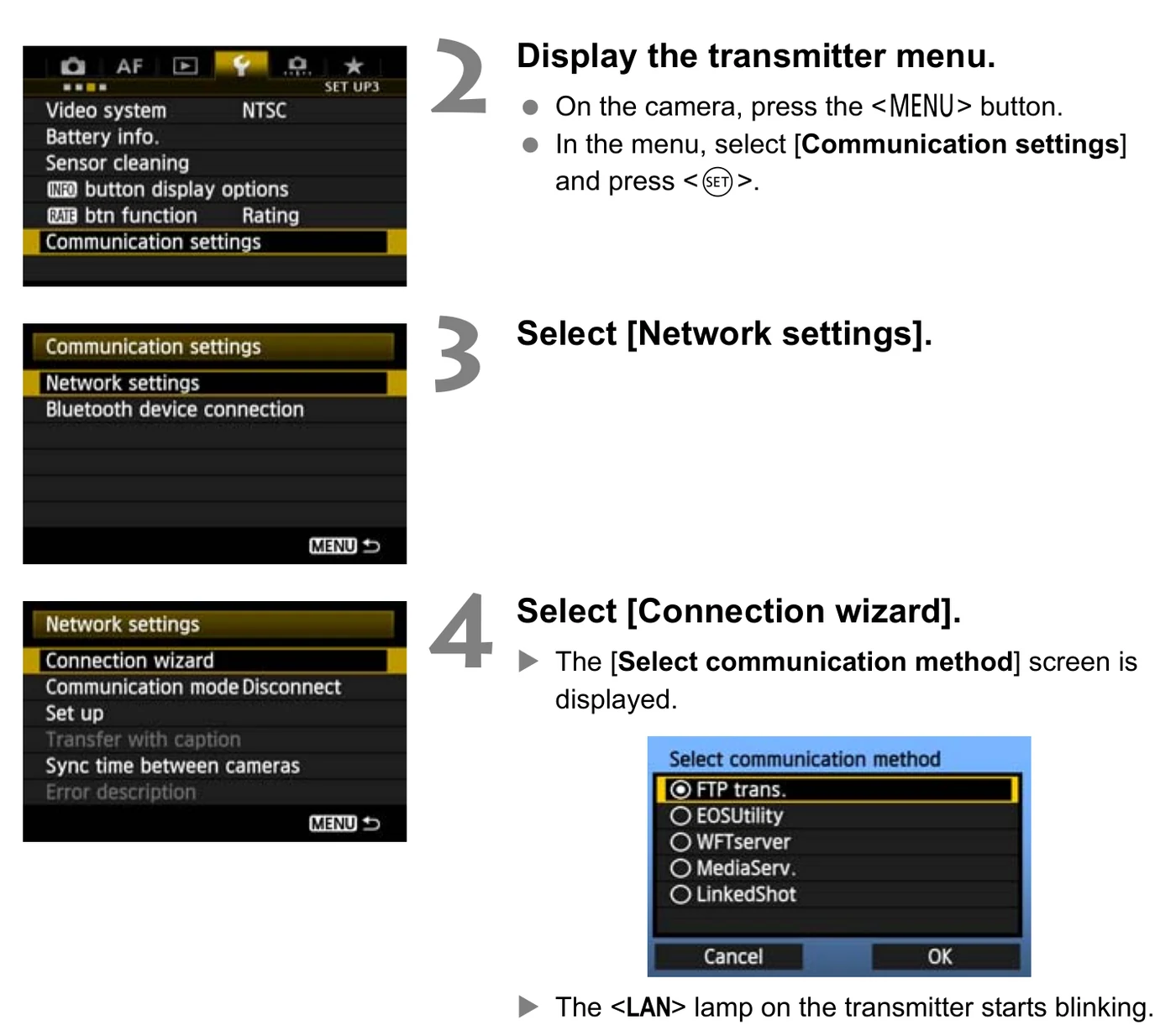 Canon WFT-E7 camera menus showing Communication settings, Network settings, Connection wizard, and FTP trans selected