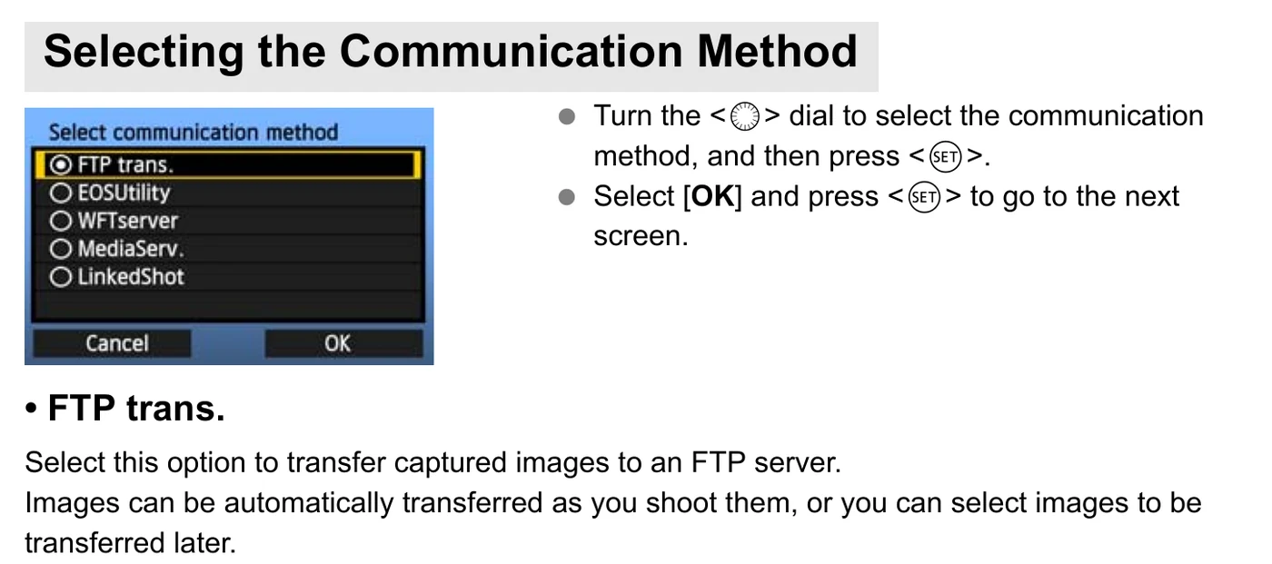 Canon WFT-E7 Select communication method screen with FTP trans selected