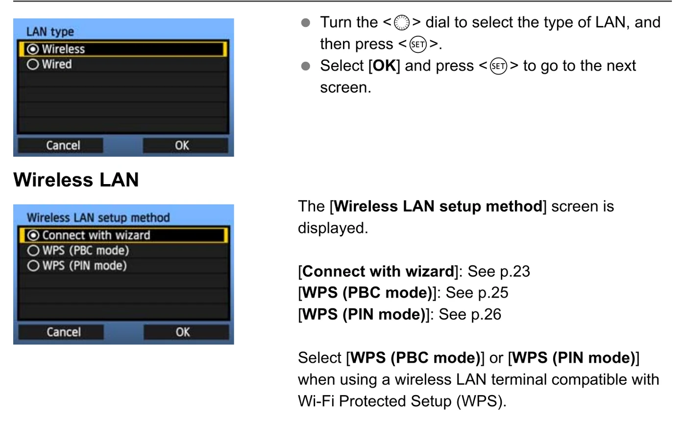 Canon WFT-E7 LAN type and wireless LAN setup method screens