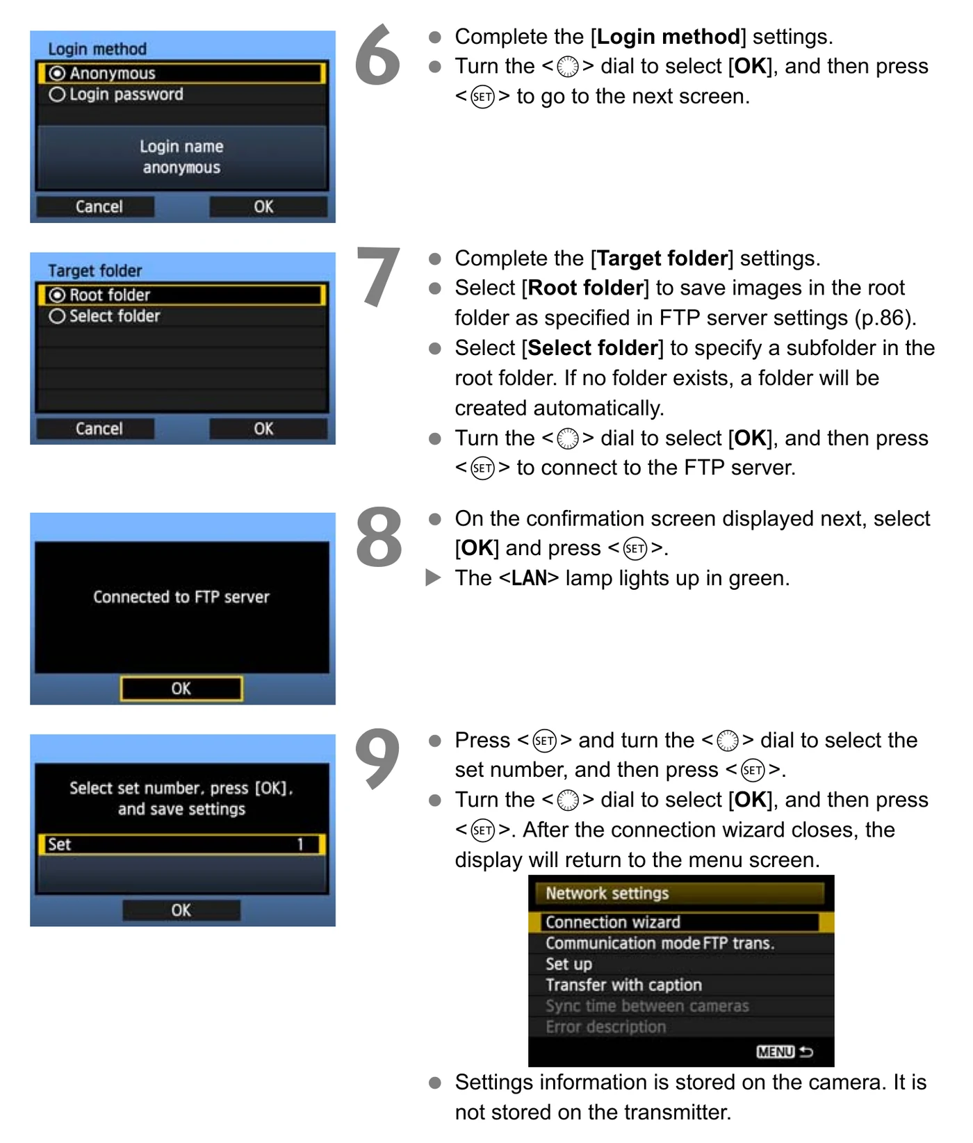 Canon WFT-E7 login method, target folder, connection confirmation, and saved network settings screens