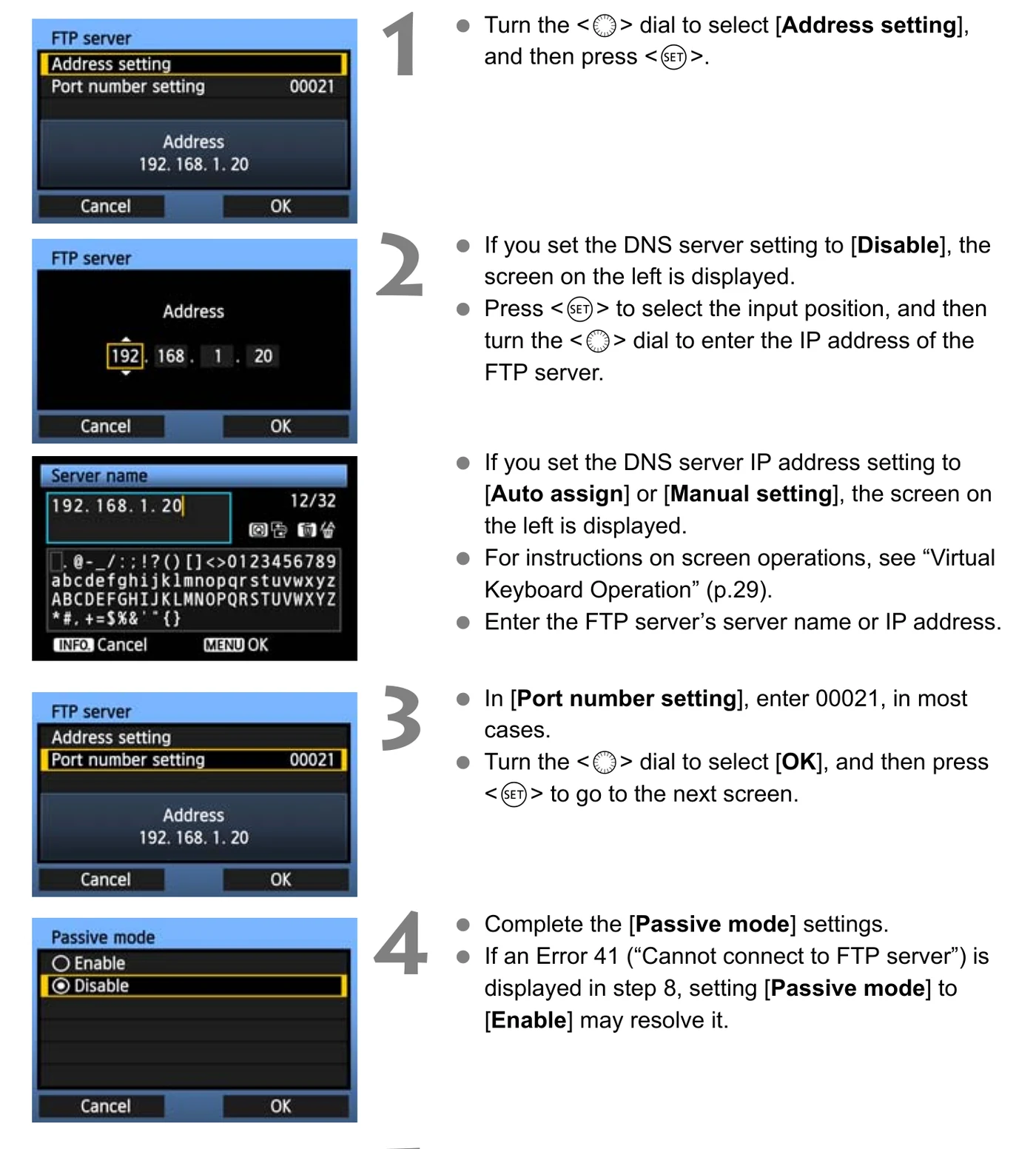 Canon WFT-E7 FTP server address, port number, passive mode, and proxy server screens