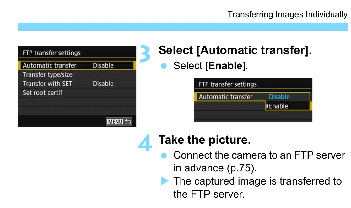 Canon EOS 5D Mark IV FTP transfer settings screen with Automatic transfer changed from Disable to Enable
