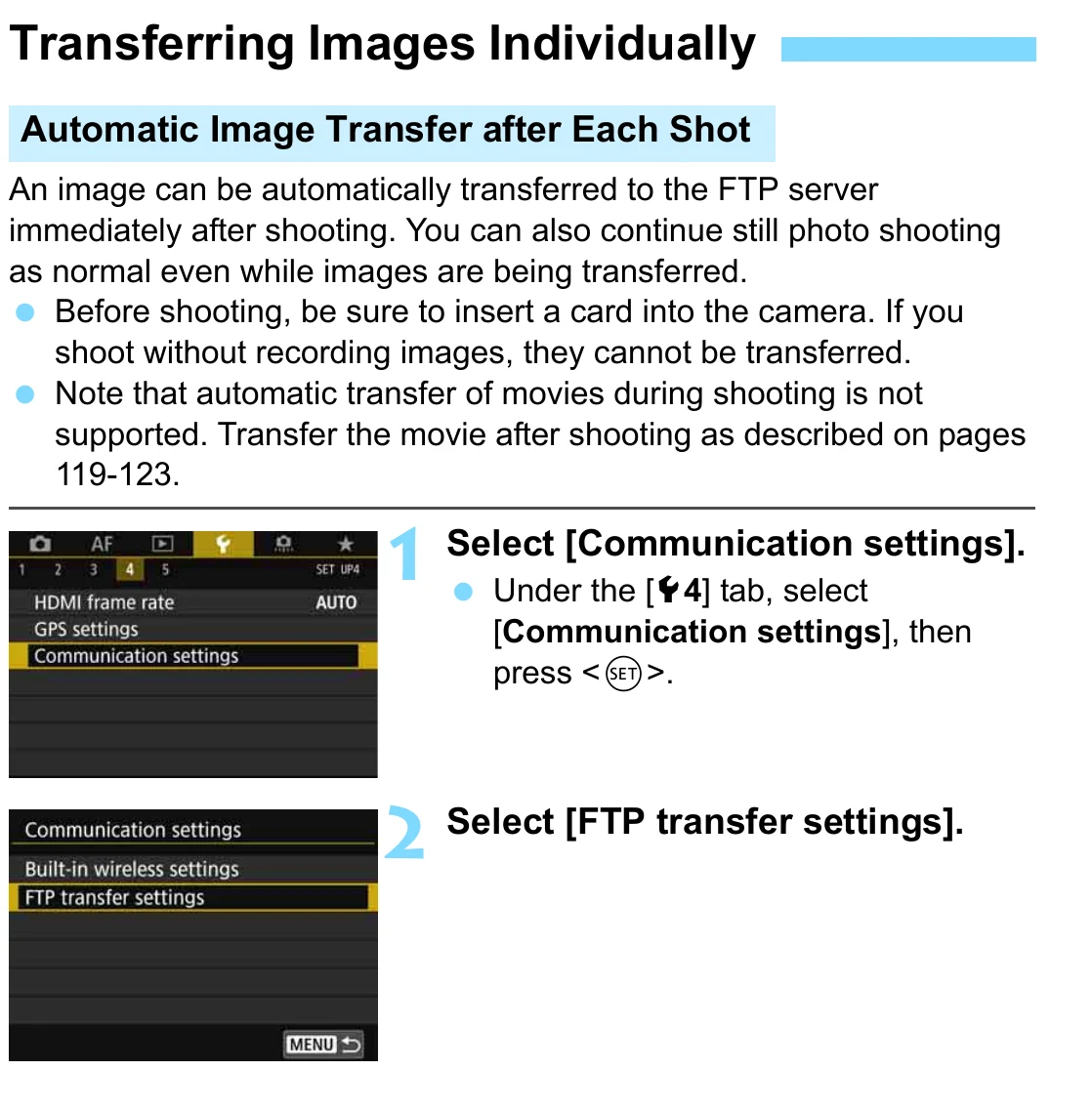Canon EOS 5D Mark IV camera screens showing Communication settings and FTP transfer settings selected