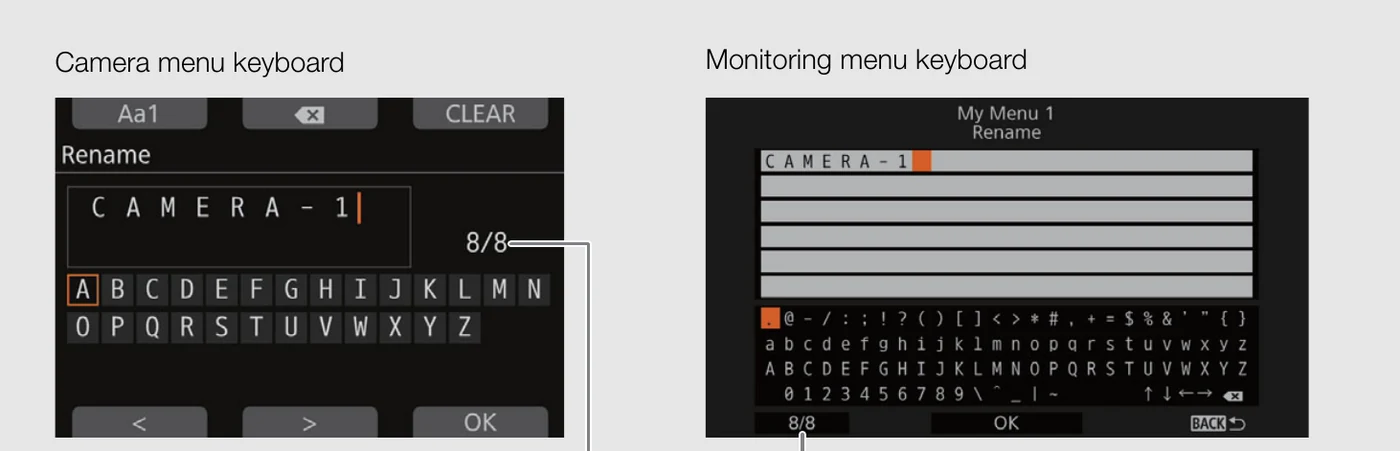 Canon EOS C700 family camera and monitoring menu keyboard screens used to enter FTP server credentials
