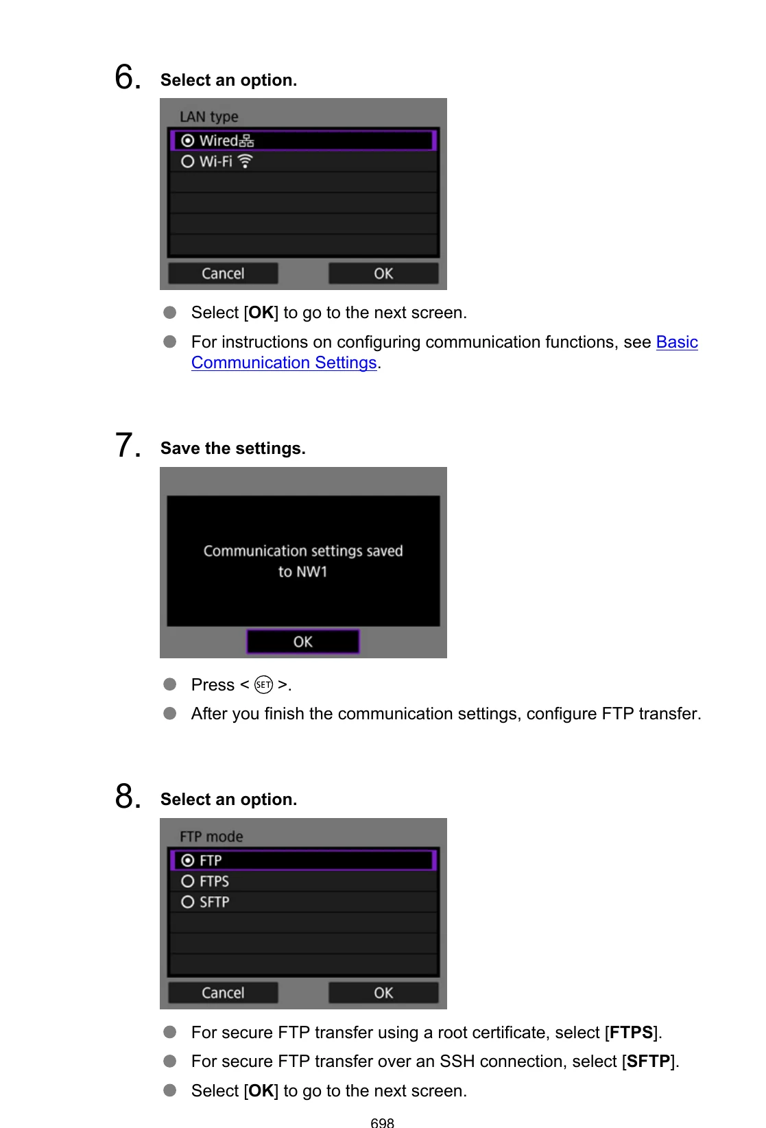 Canon EOS R1 LAN type, saved communication settings, and FTP mode menus