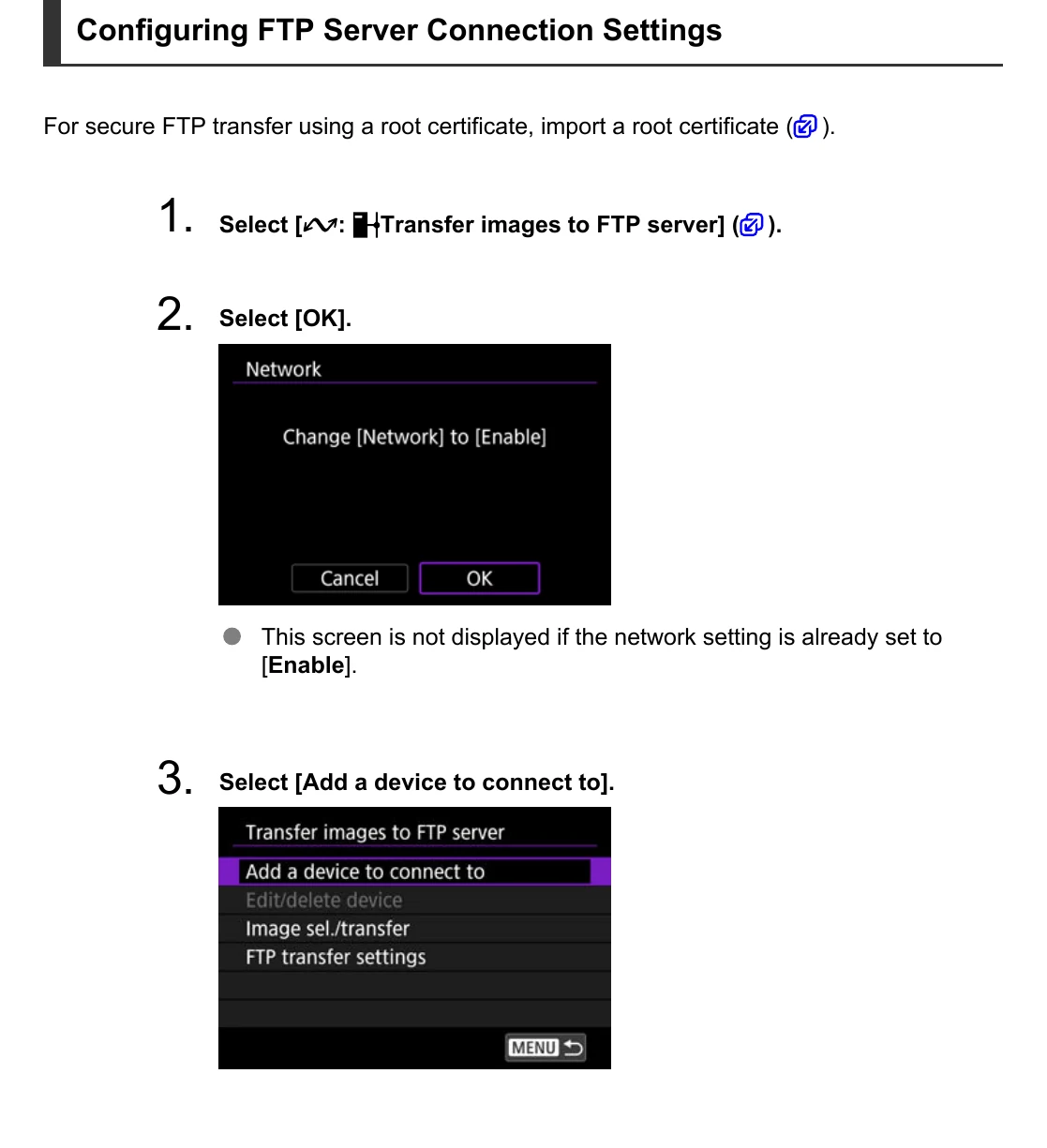 Canon EOS R1 menus enabling Network and selecting Add a device to connect to for FTP transfer