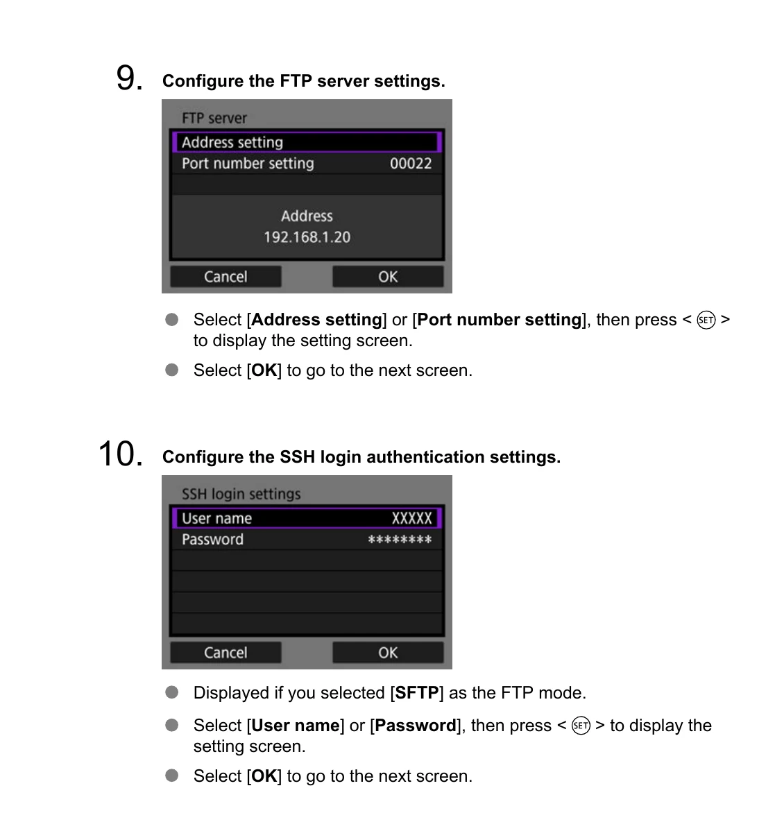 Canon EOS R1 FTP server address, port, SSH user name, and password menus
