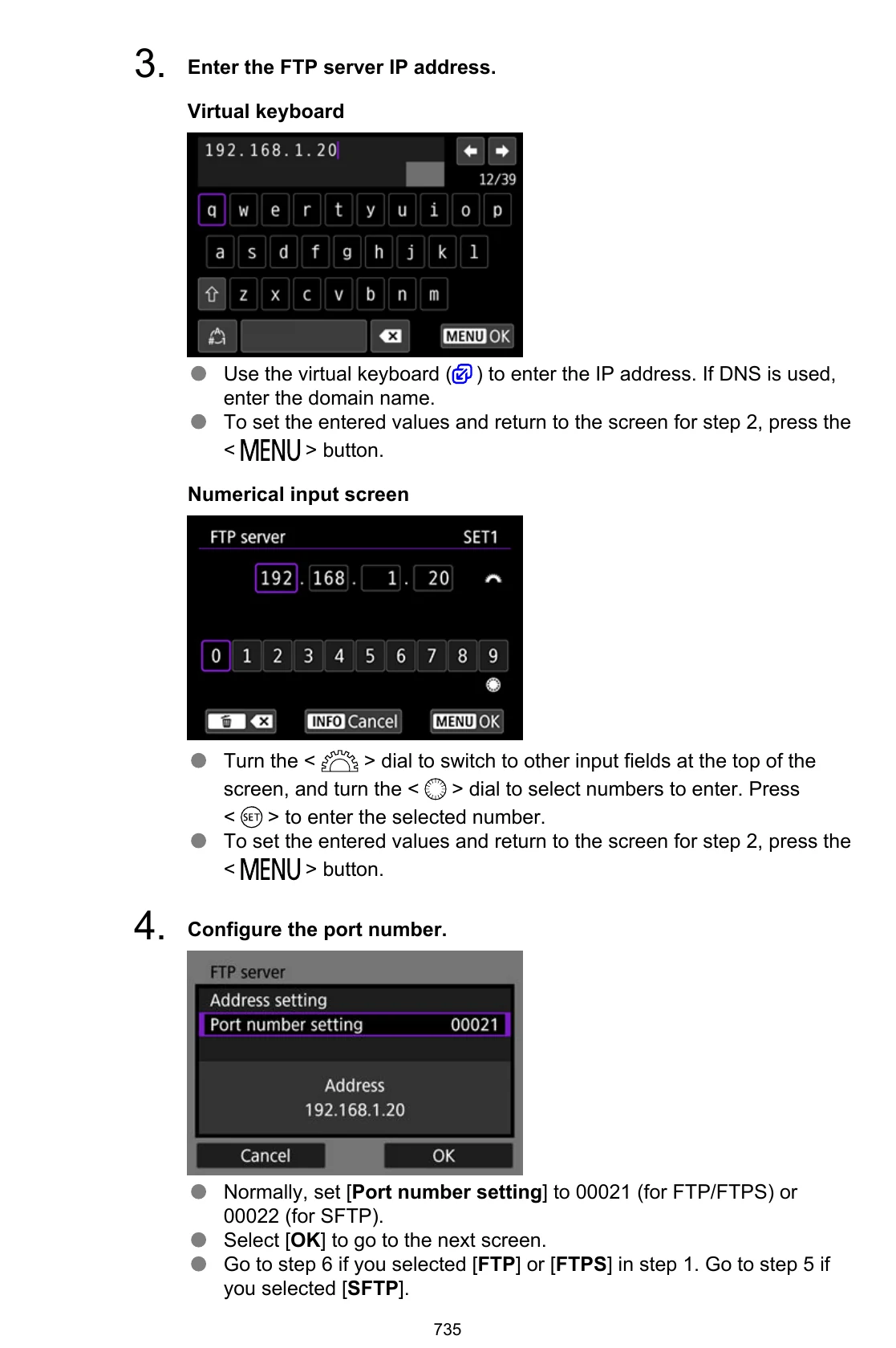 Canon EOS R3 virtual keyboard, numerical IP address entry, and FTP port number menus