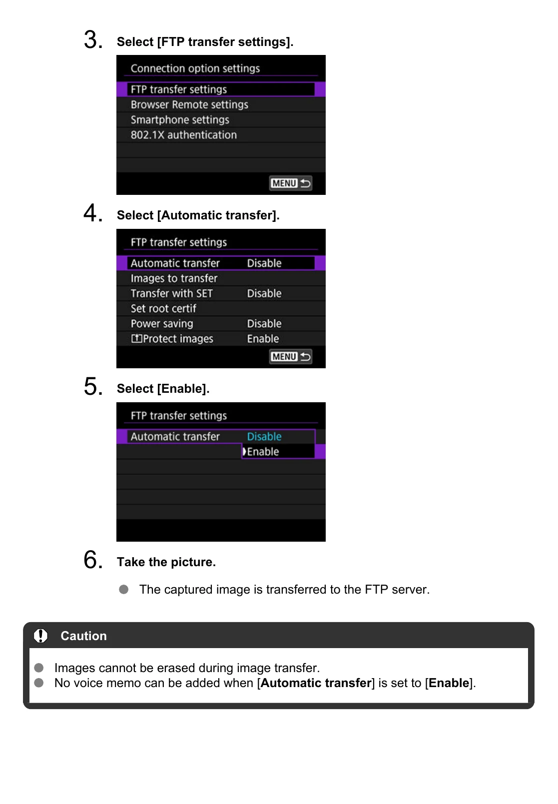 Canon EOS R3 FTP transfer settings with Automatic transfer changed from Disable to Enable