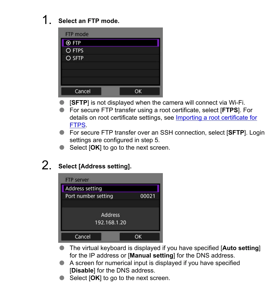 Canon EOS R3 FTP, FTPS, and SFTP mode choices followed by the server address menu