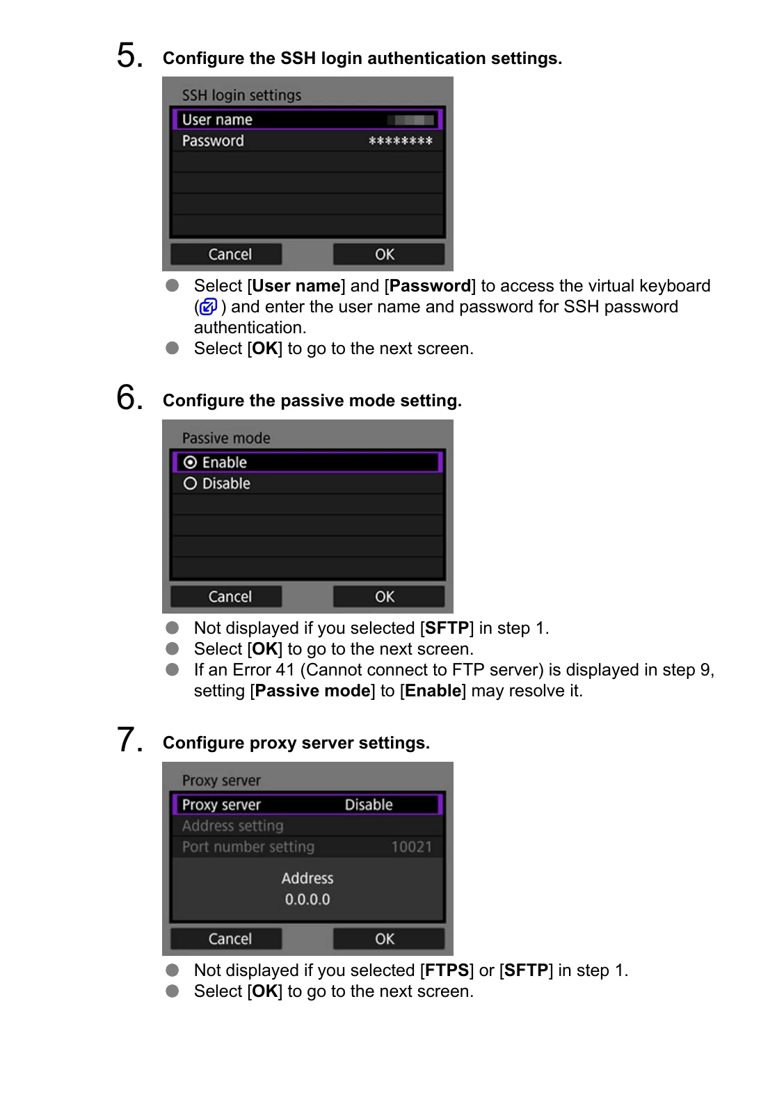 Canon EOS R3 SSH login, passive FTP mode, and proxy server menus