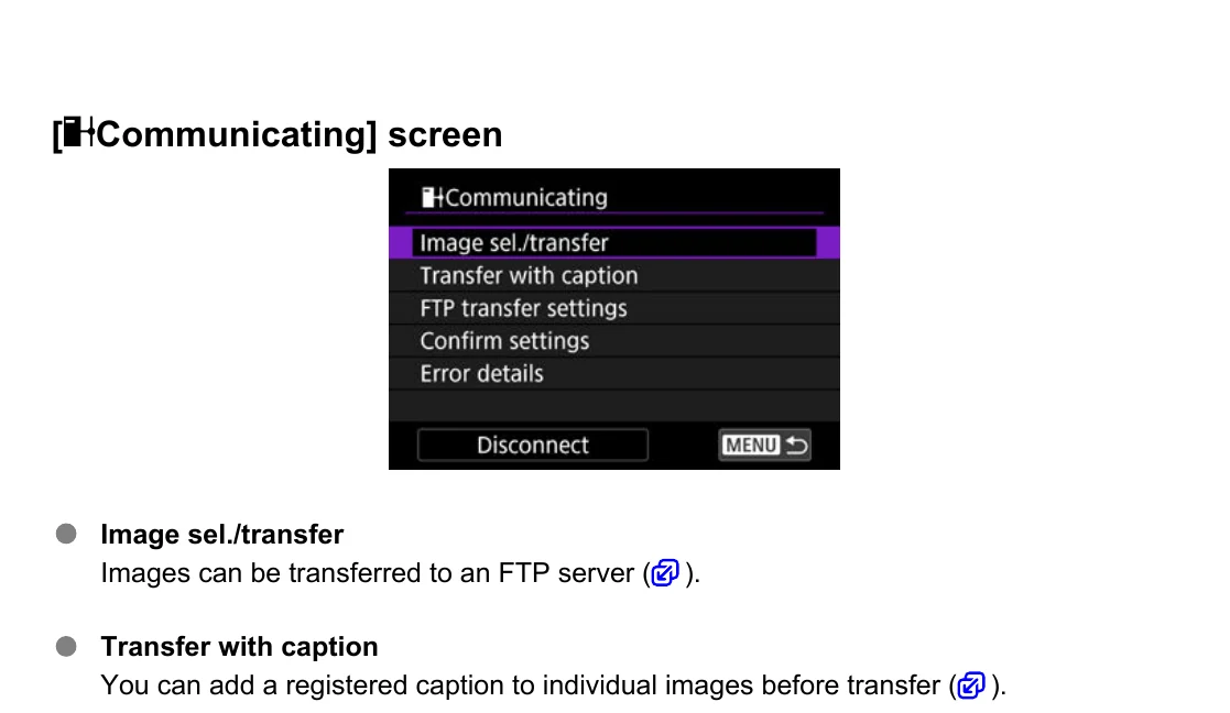 Canon EOS R5 Mark II Communicating menu with Image selection transfer and FTP transfer settings
