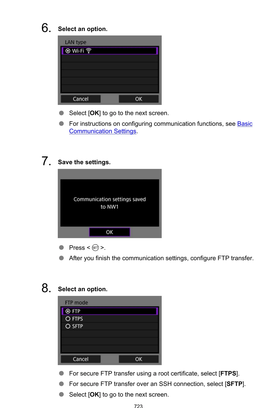 Canon EOS R5 Mark II Wi-Fi LAN type, saved communication settings, and FTP mode menus