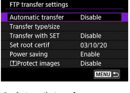 Canon EOS R5 FTP transfer settings screen with Automatic transfer selected