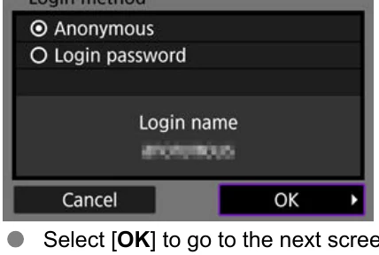 Canon EOS R5 FTP login method screen with Anonymous and Login password choices