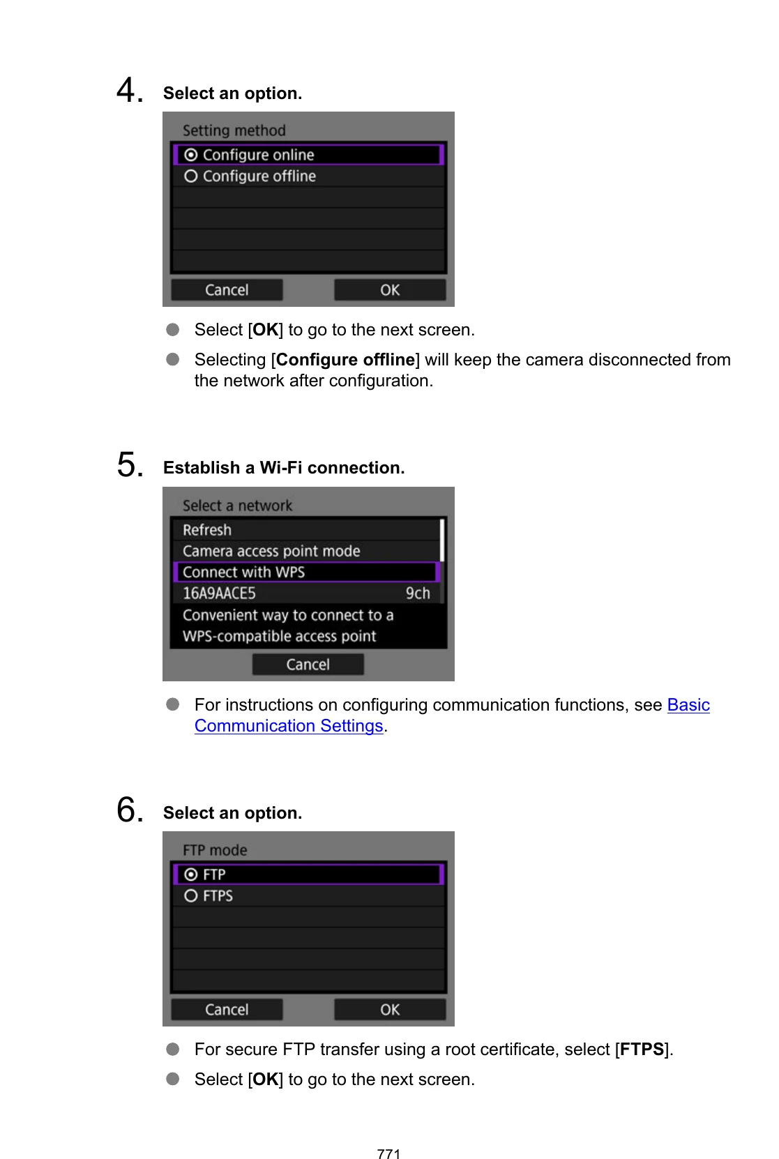 Canon EOS R6 Mark III online setup, Wi-Fi network selection, and FTP or FTPS mode menus