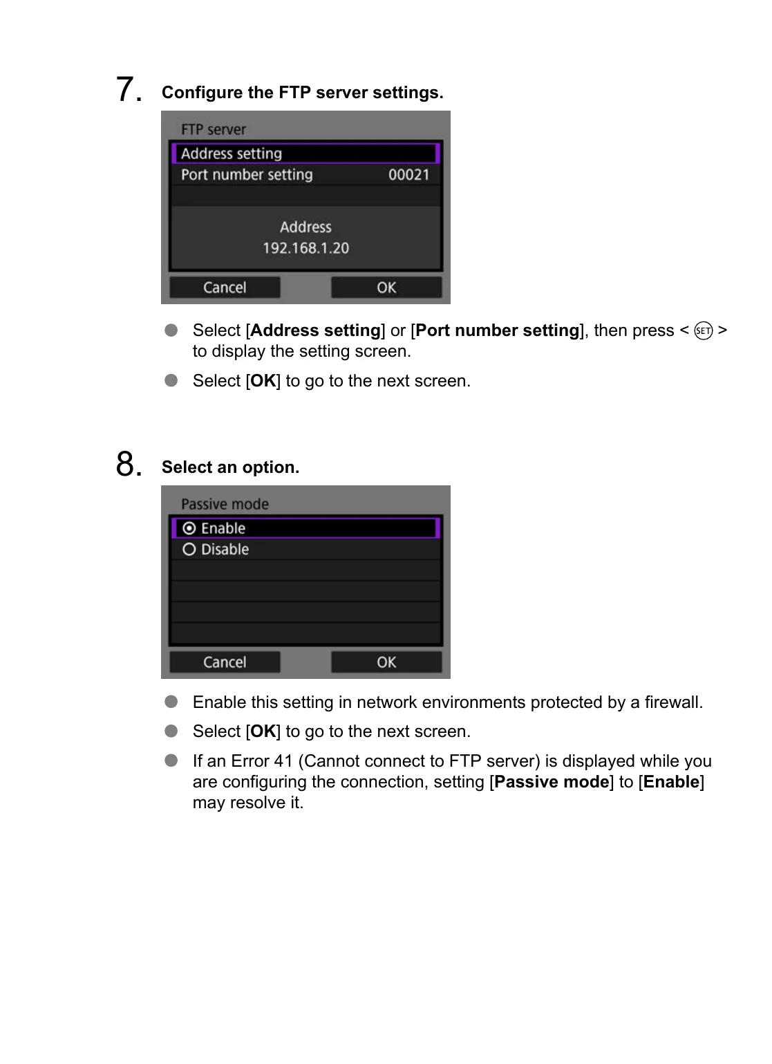 Canon EOS R6 Mark III FTP server address, port, and passive mode menus