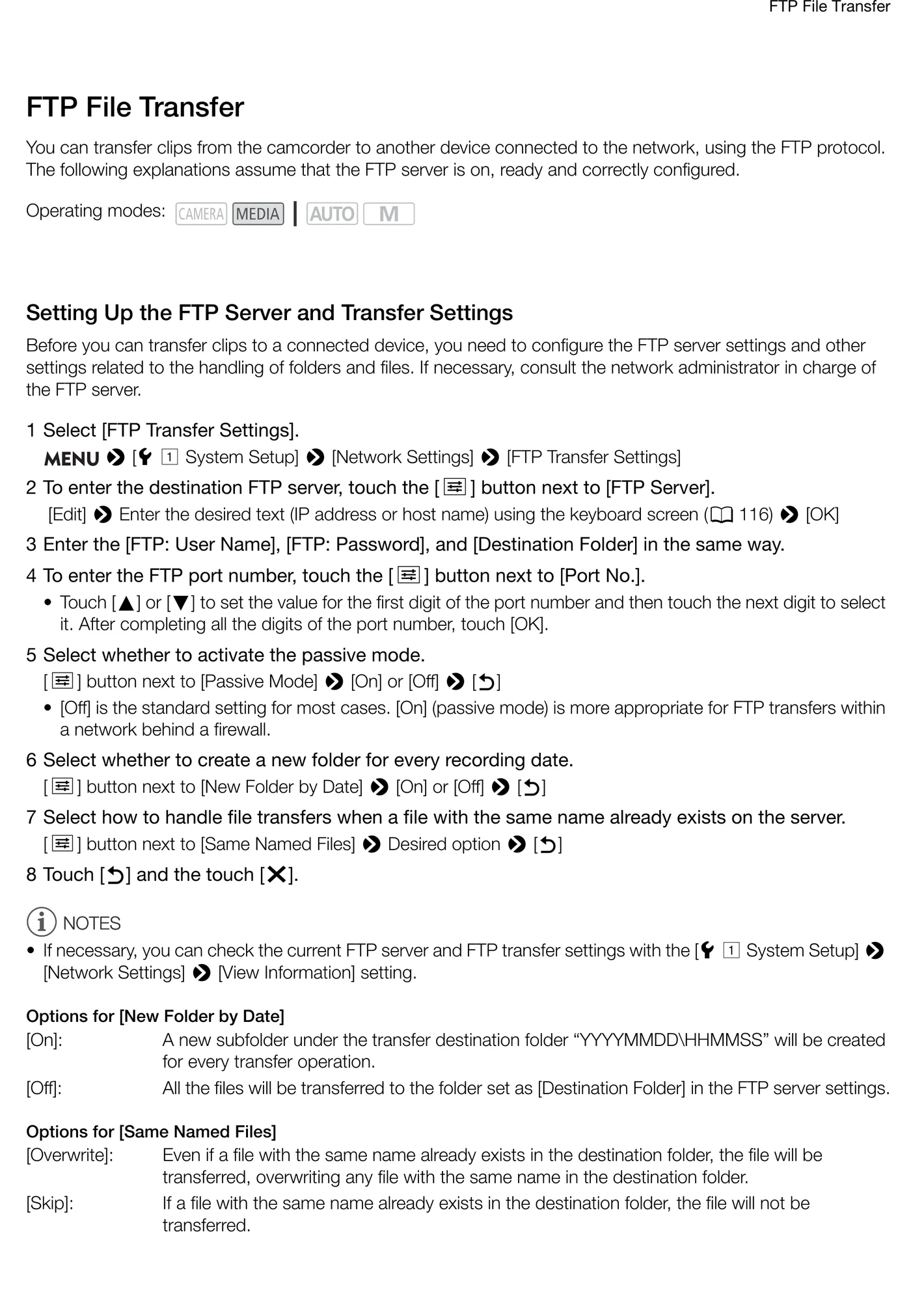 Canon XF205 network and file transfer menu evidence