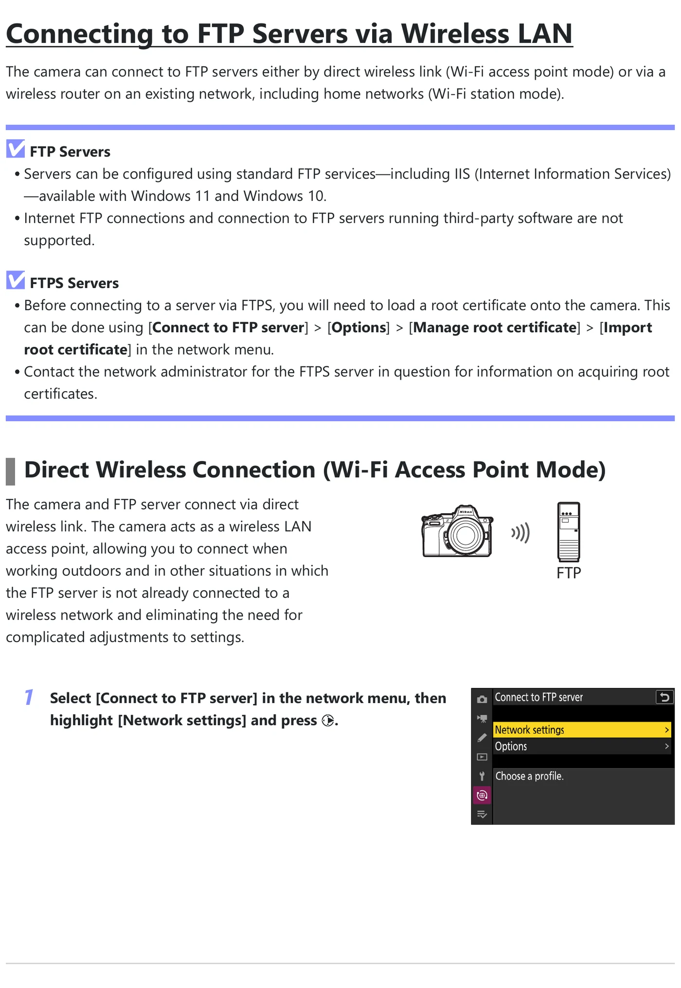 Nikon Z 5II network and file transfer menu evidence