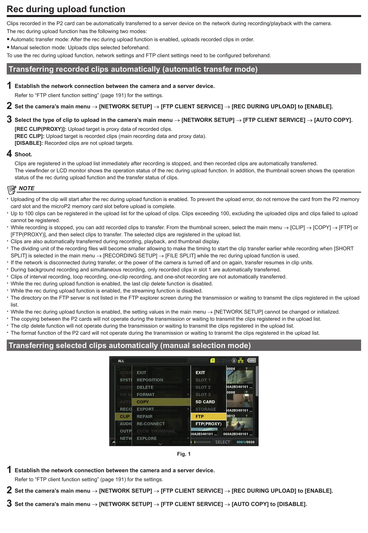Panasonic AJ-PX270 network and file transfer menu evidence