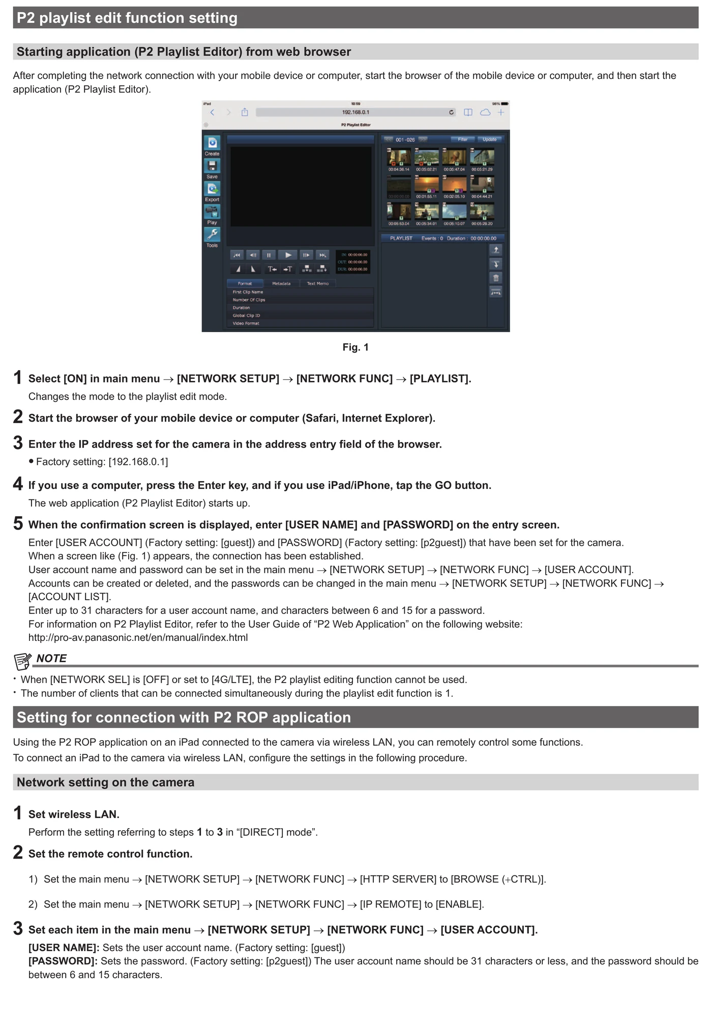 Panasonic AJ-PX380G network and file transfer menu evidence