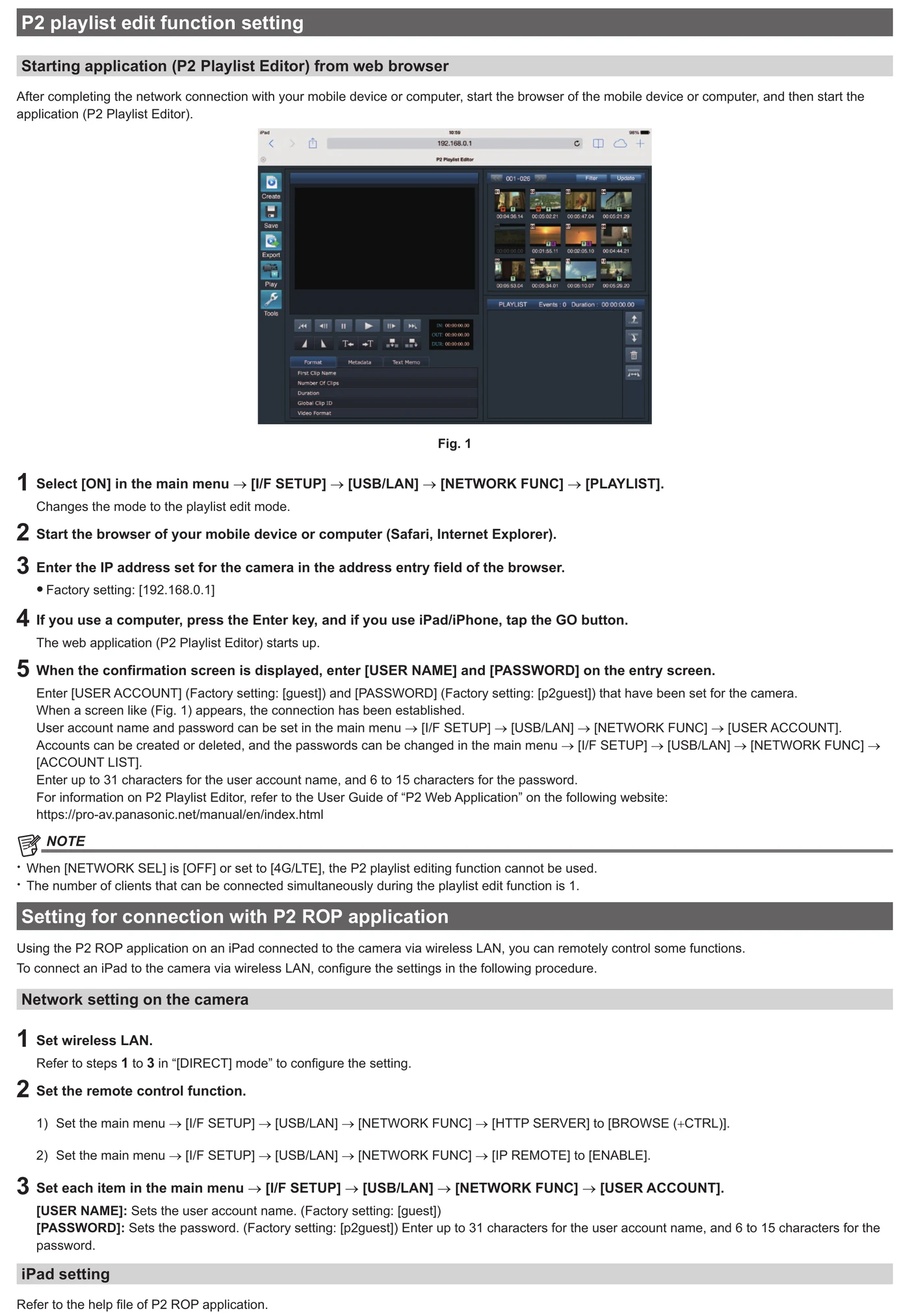 Panasonic AJ-PX5000G network and file transfer menu evidence