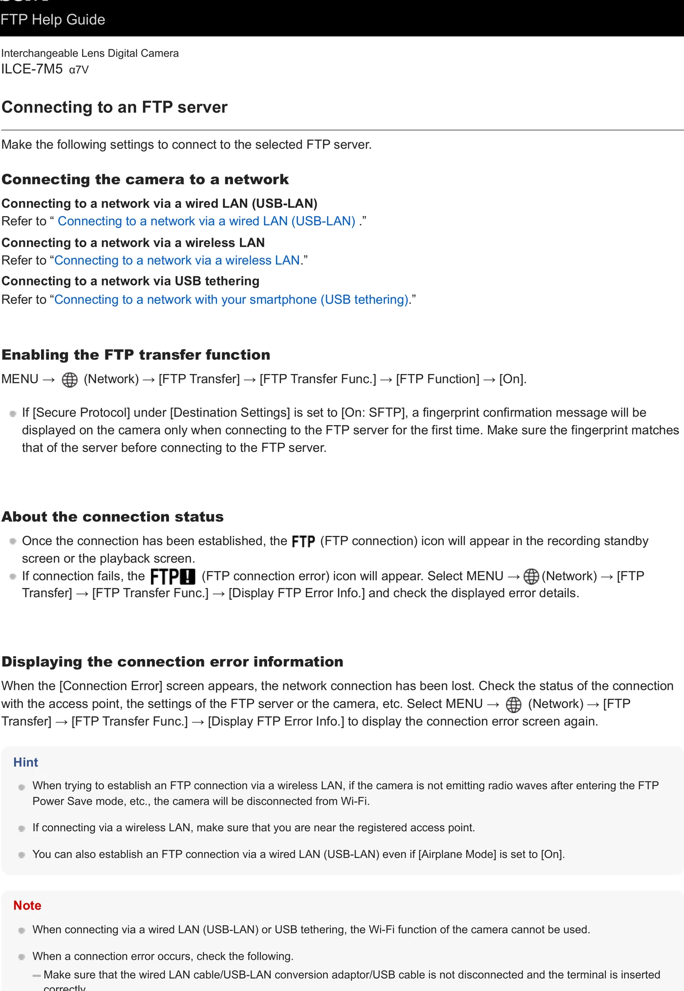 Sony ILCE-7M5 (Alpha 7 V) network and file transfer menu evidence