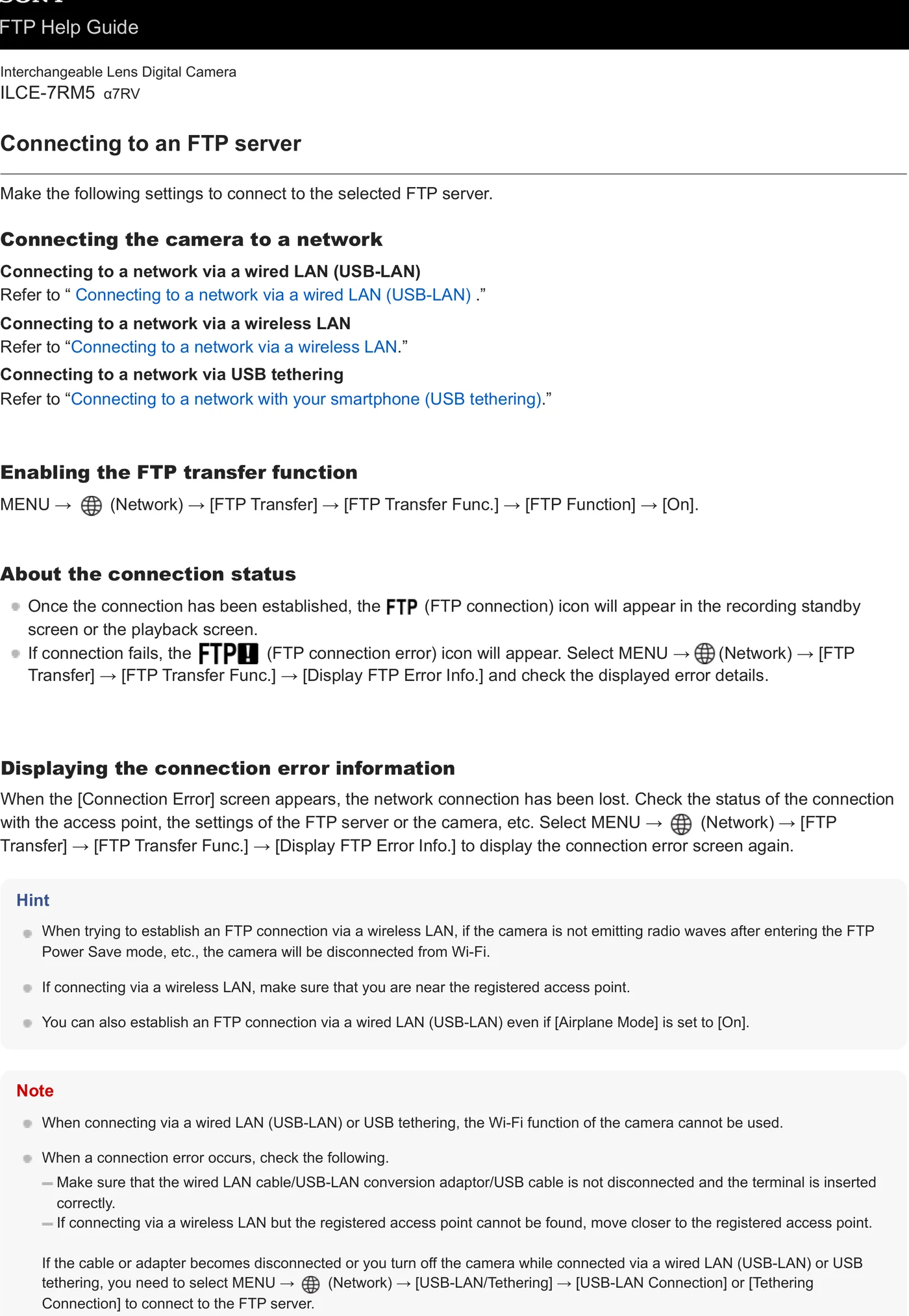 Sony ILCE-7RM5 (Alpha 7R V) network and file transfer menu evidence
