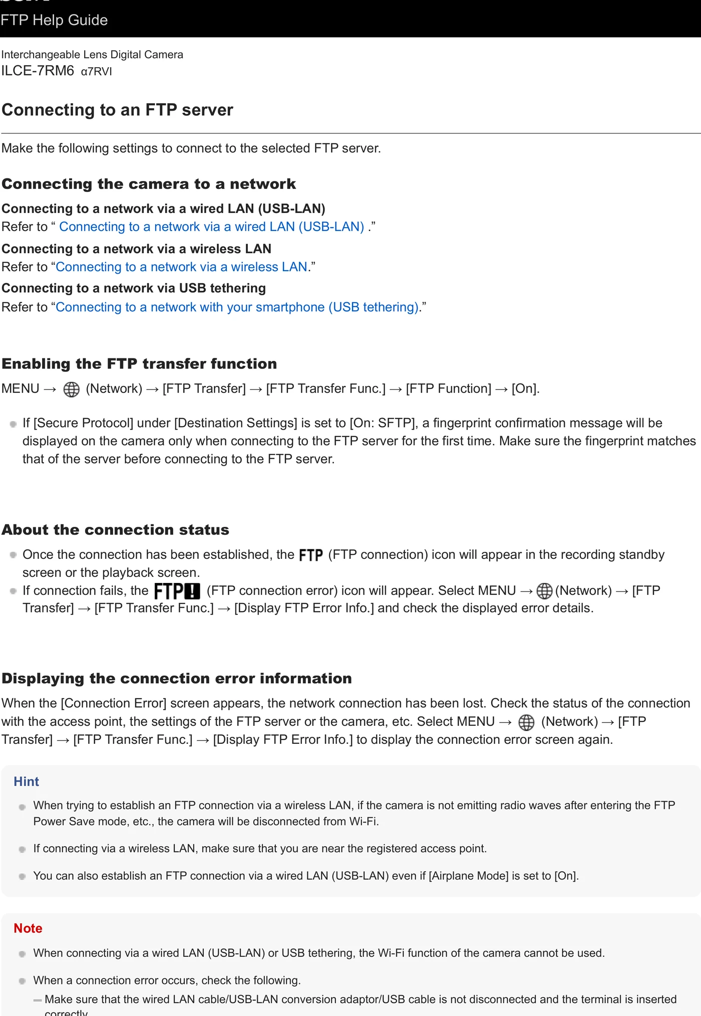 Sony ILCE-7RM6 (Alpha 7R VI) network and file transfer menu evidence