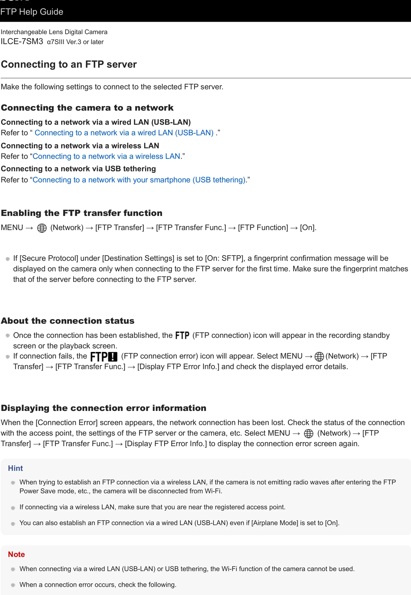 Sony ILCE-7SM3 (Alpha 7S III) network and file transfer menu evidence
