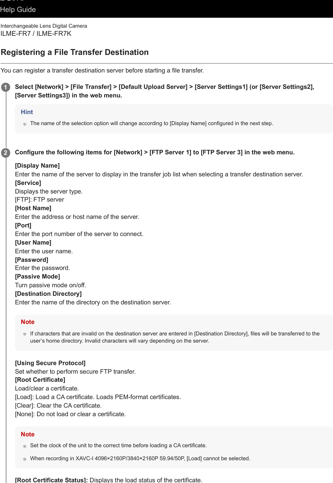 Sony ILME-FR7 / ILME-FR7K network and file transfer menu evidence