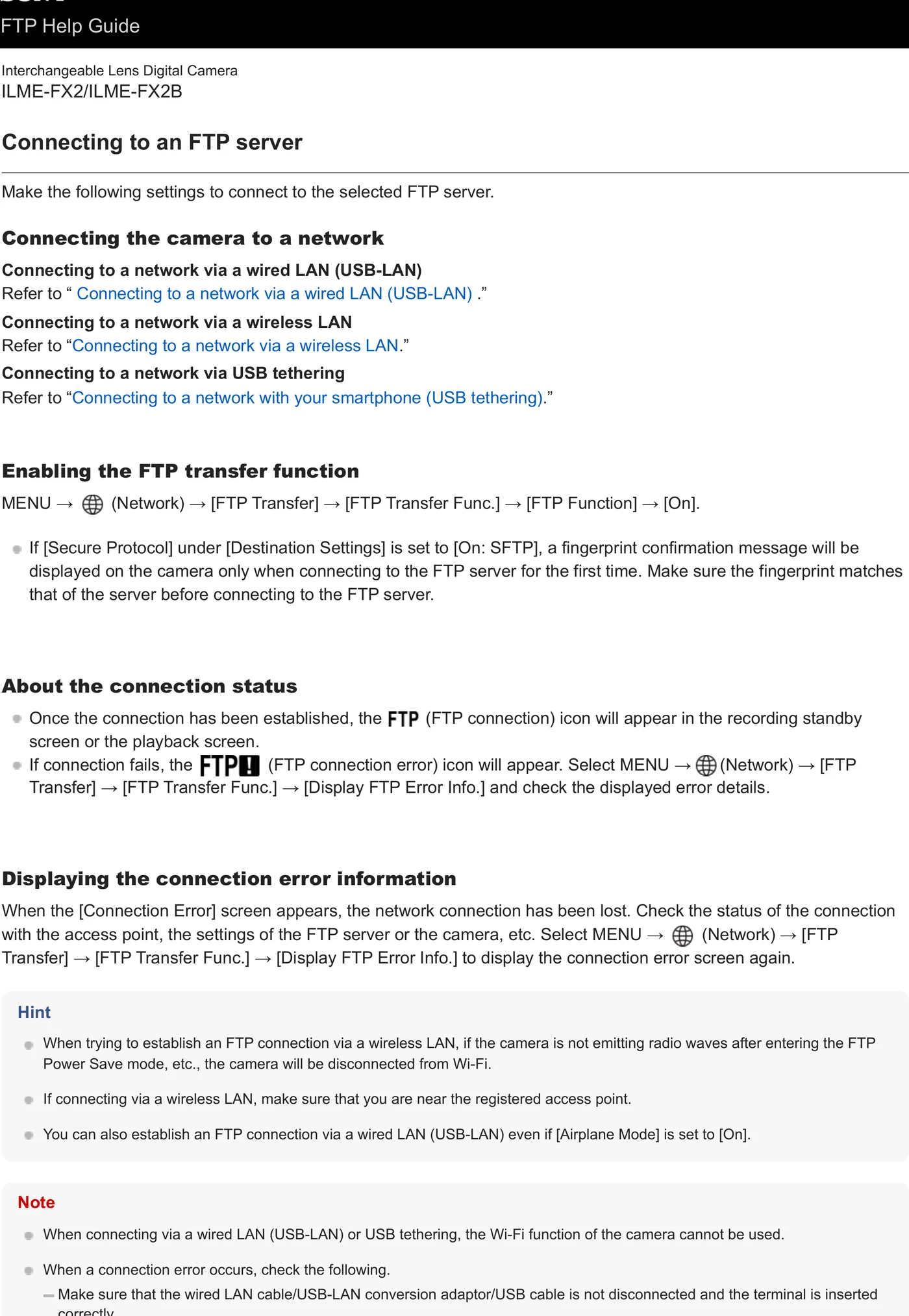 Sony ILME-FX2 / ILME-FX2B network and file transfer menu evidence