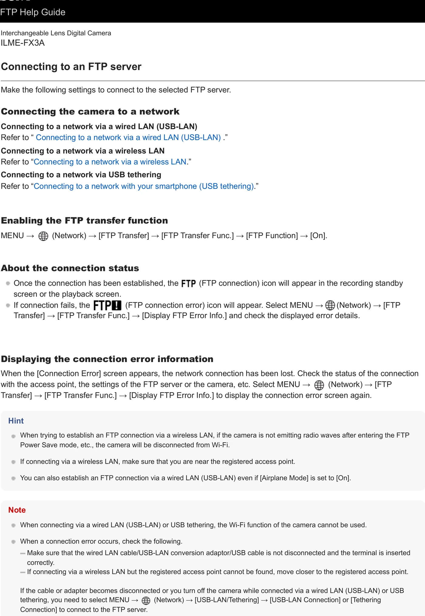 Sony ILME-FX3A network and file transfer menu evidence