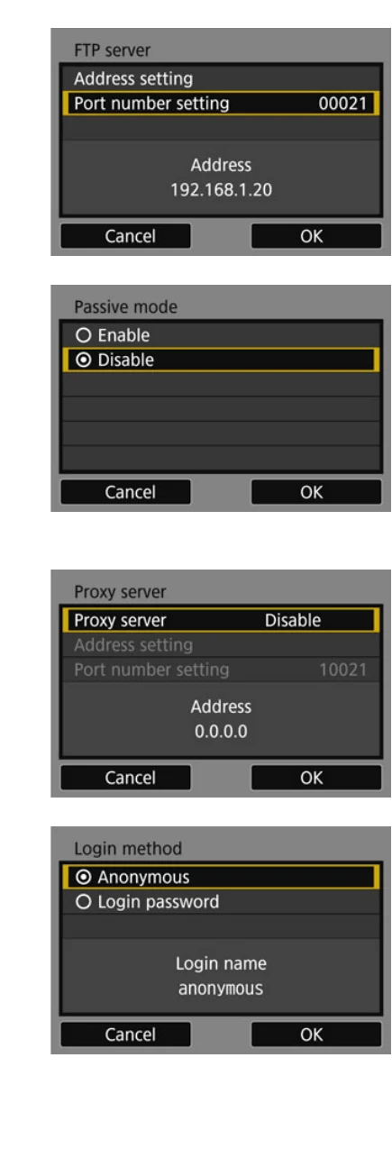 Canon EOS R WFT-E7 port passive mode proxy and login method screens