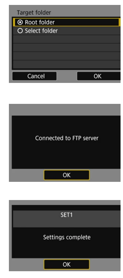 Canon EOS R WFT-E7 target folder and FTP connection completion screens