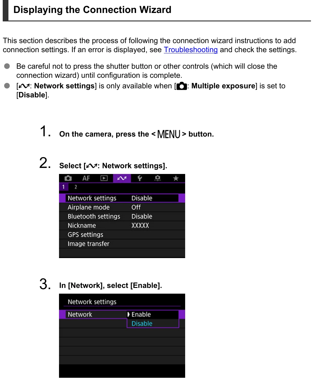 Canon EOS R3 Network settings menu and network enable screens