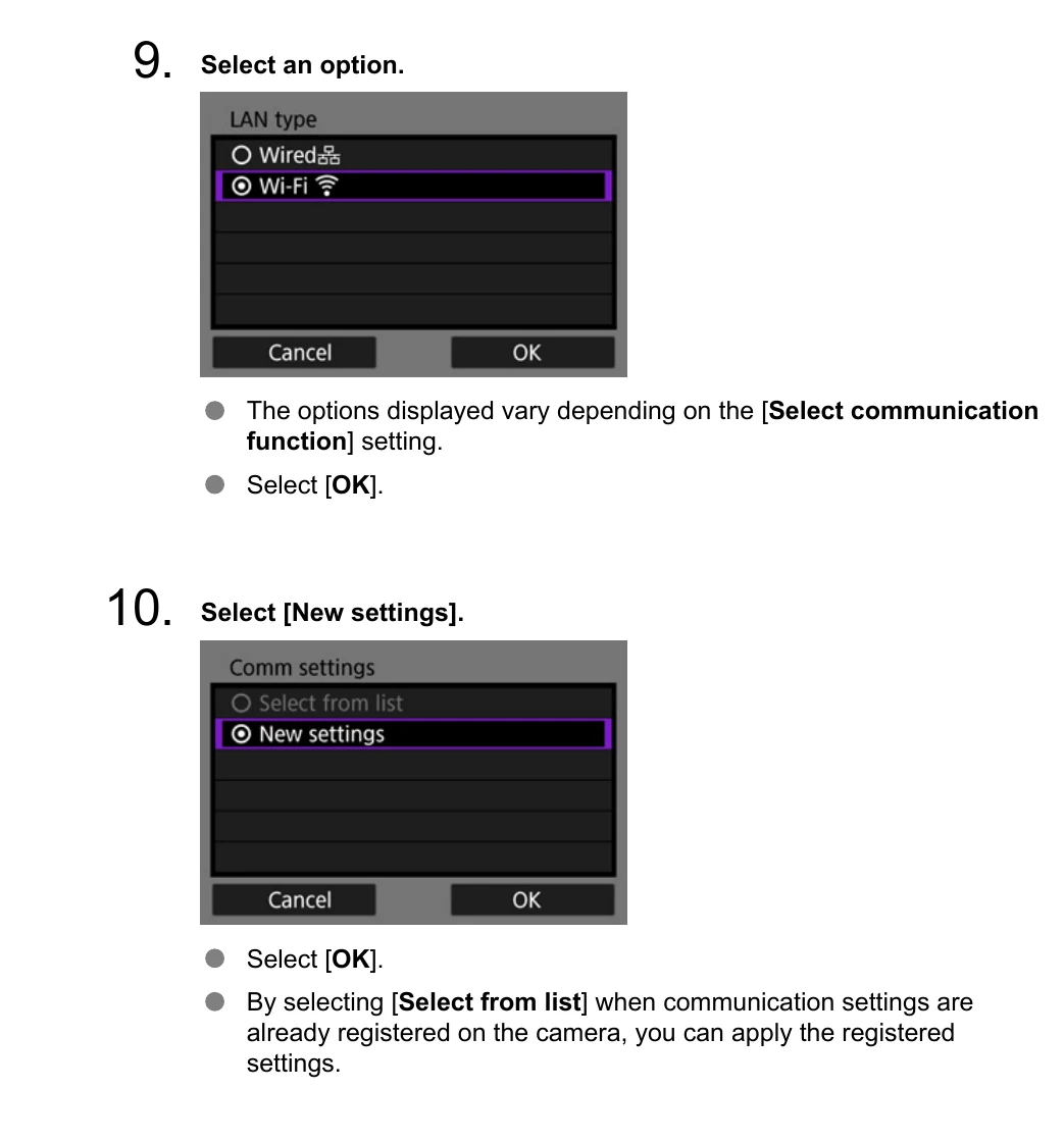 Canon EOS R3 LAN type and communication settings New settings screens