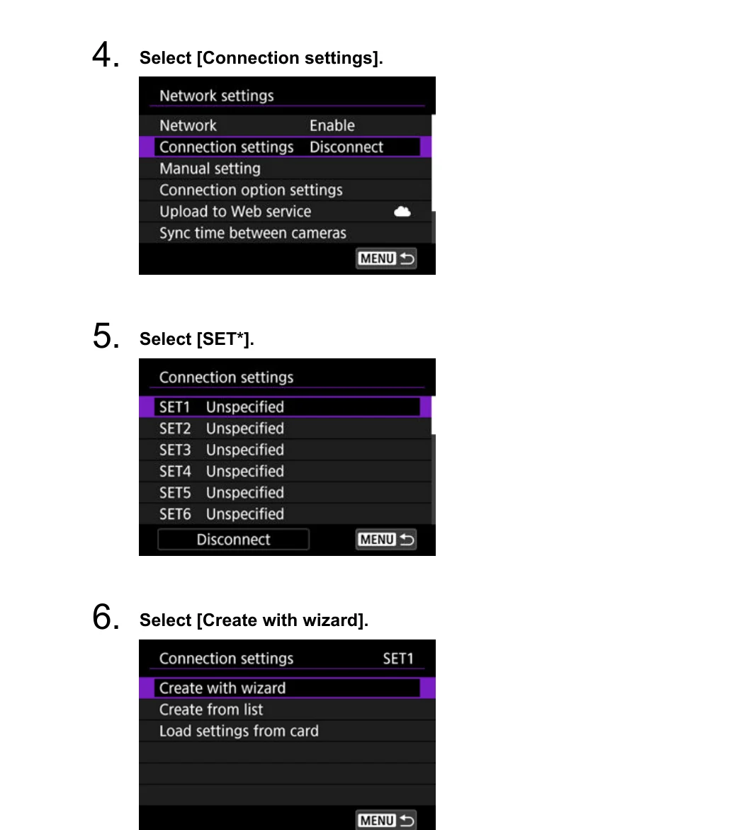 Canon EOS R3 Network settings Connection settings and Create with wizard menu screens