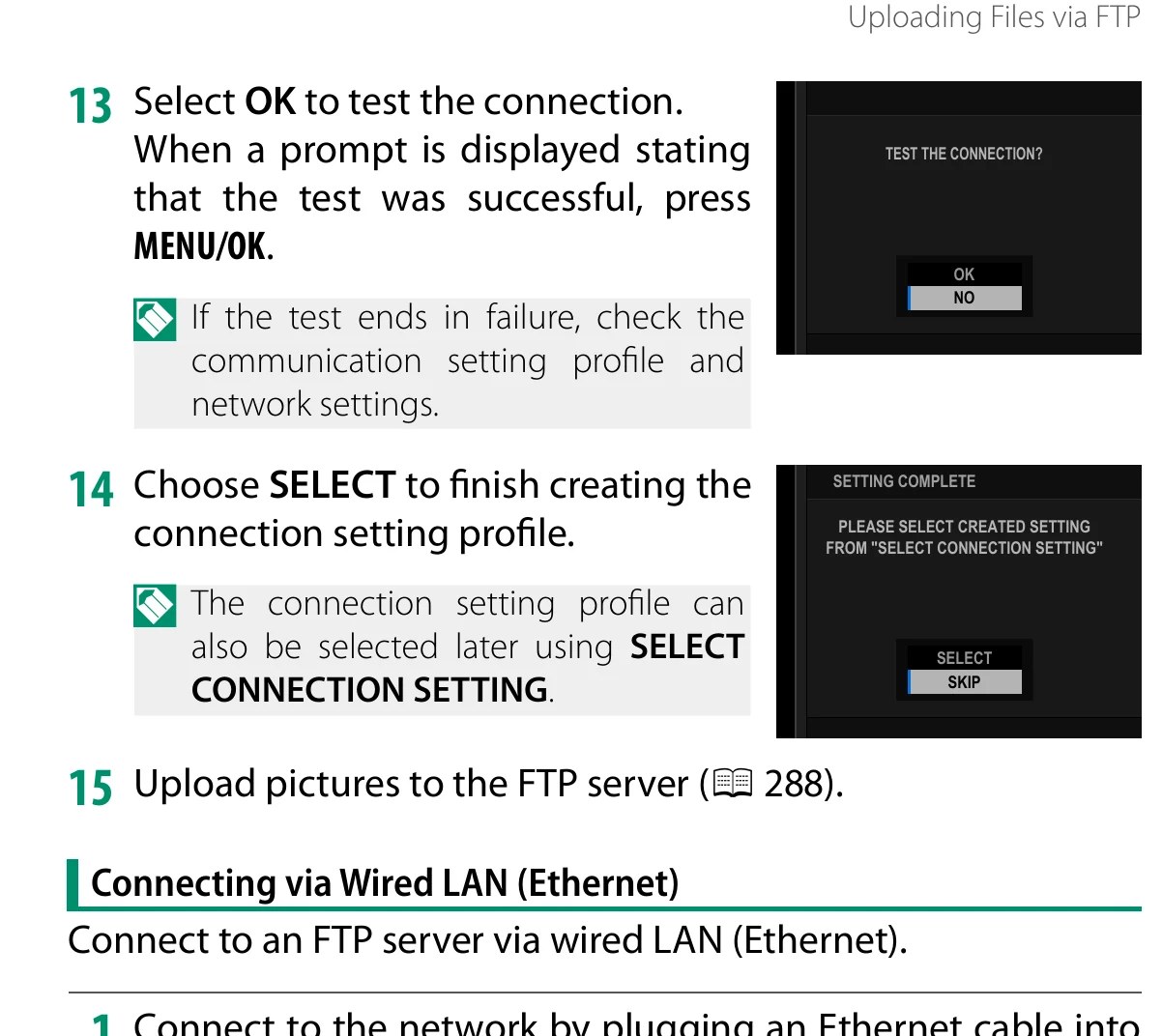 Fujifilm GFX100 II FTP connection test and completed profile selection steps