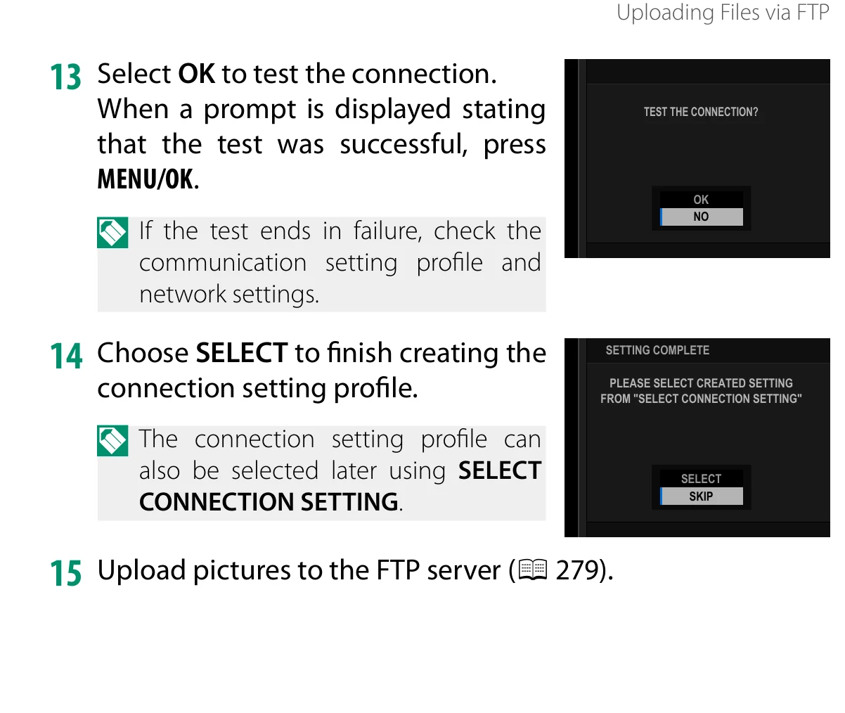 Fujifilm GFX100S II FTP connection test and completed profile selection steps