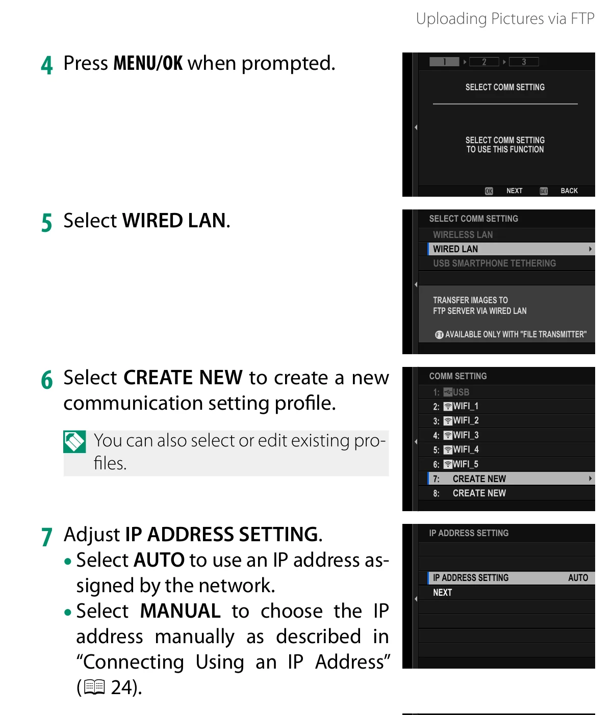 Fujifilm X-H2S wired LAN communication setting and IP address menu steps