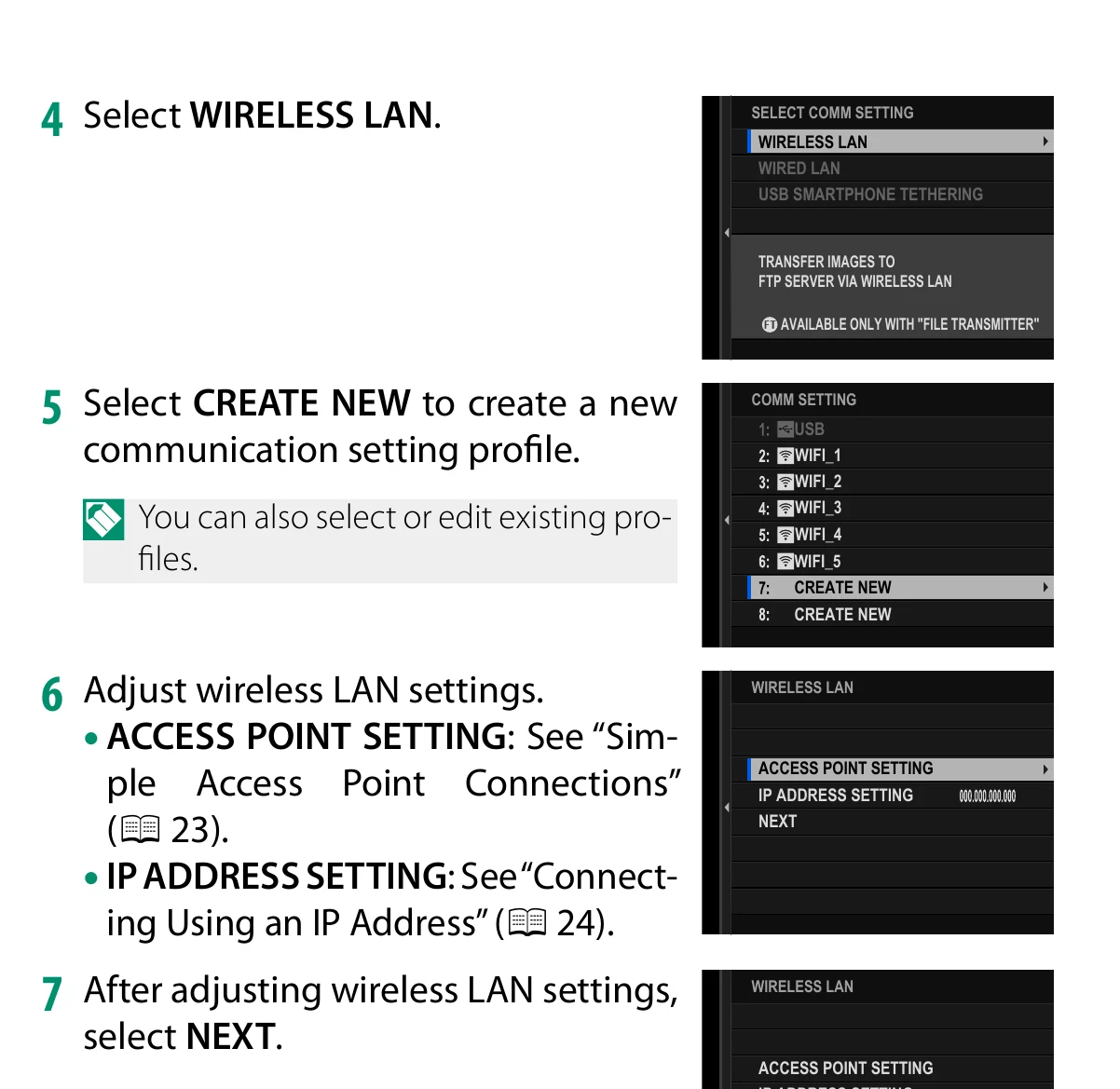 Fujifilm X-H2S wireless LAN communication setting and IP address menu steps