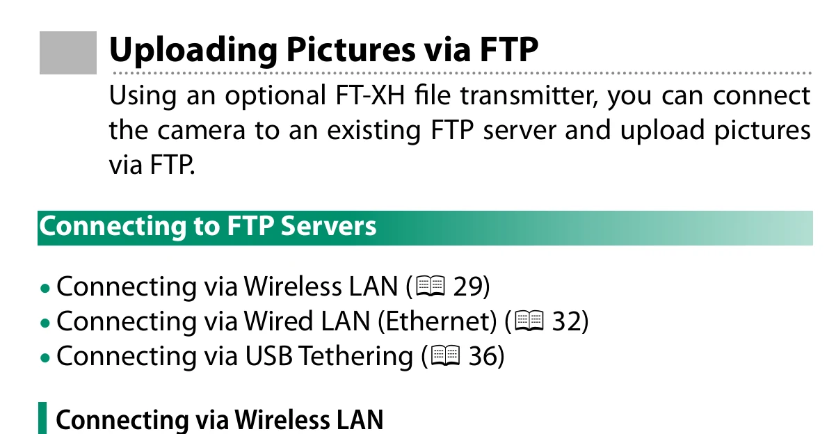 Fujifilm X-H2S FTP upload overview showing the optional FT-XH transmitter and supported network routes