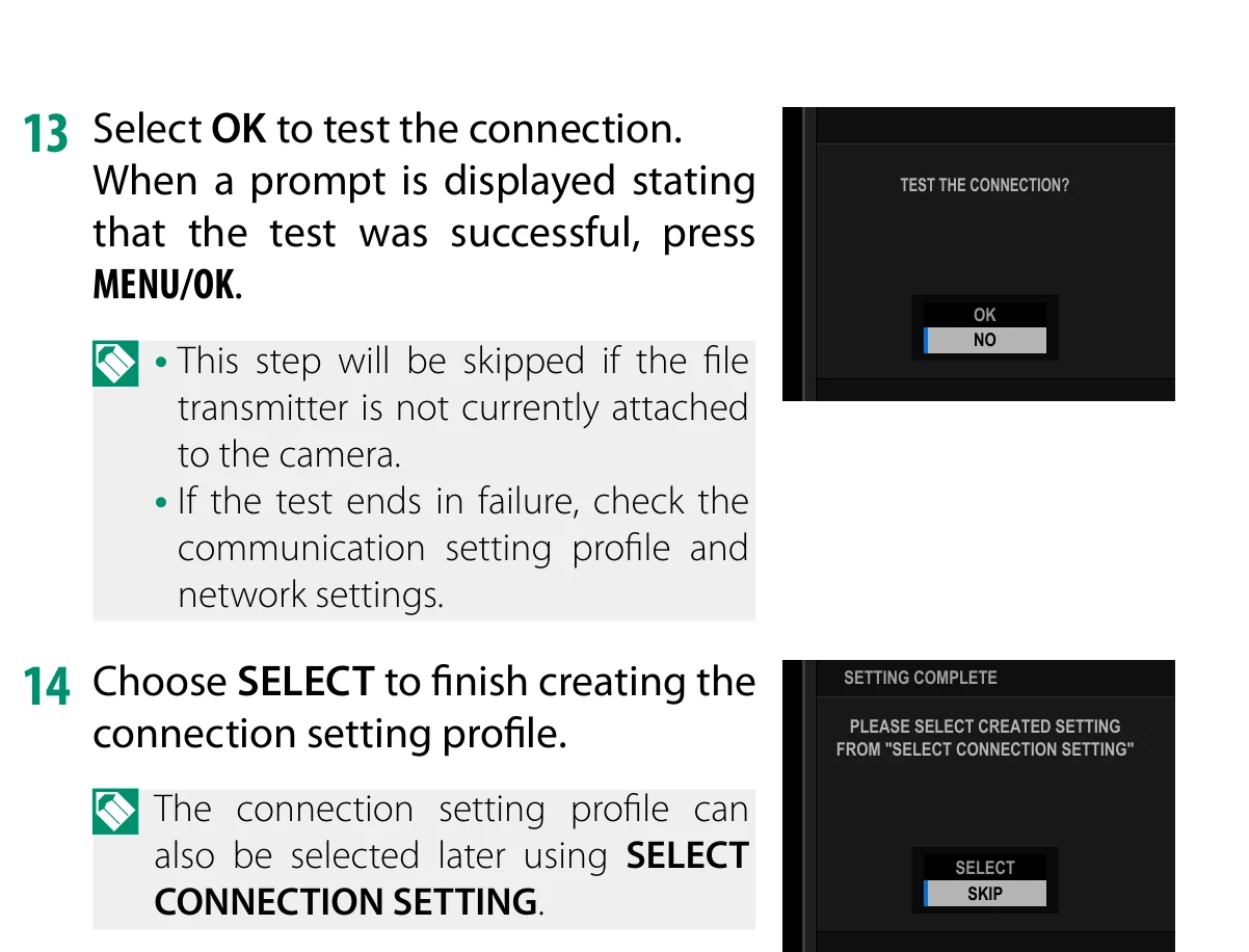 Fujifilm X-H2S connection test and select completed profile menu steps